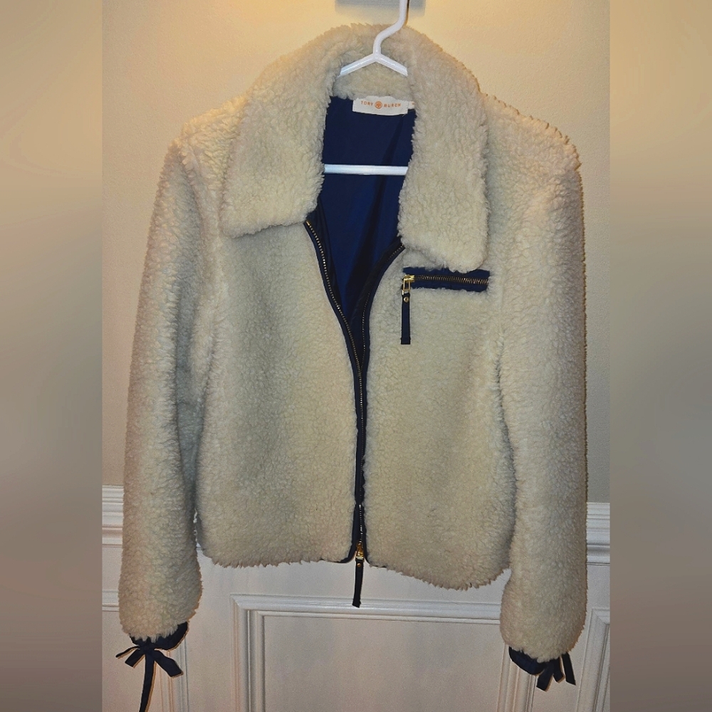 Tory Burch Cream Teddy Jacket with Navy Accents